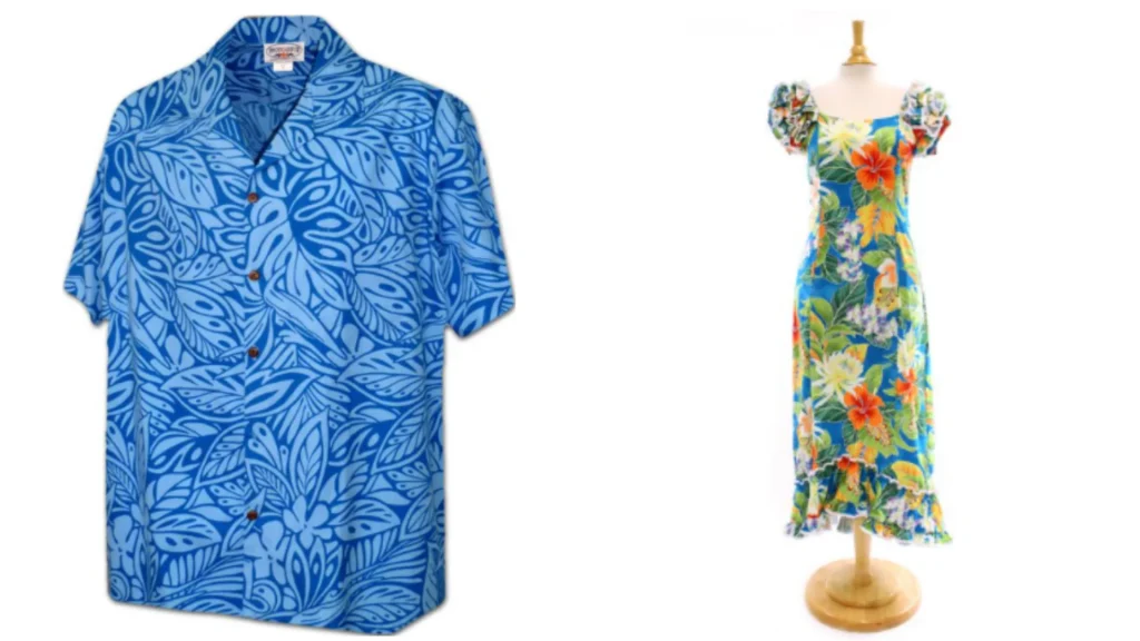 A blue aloha shirt and a flowery dress