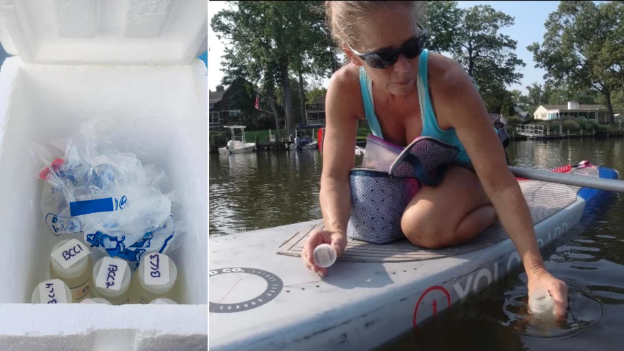 A woman kneels on a paddleboard collecting water samples