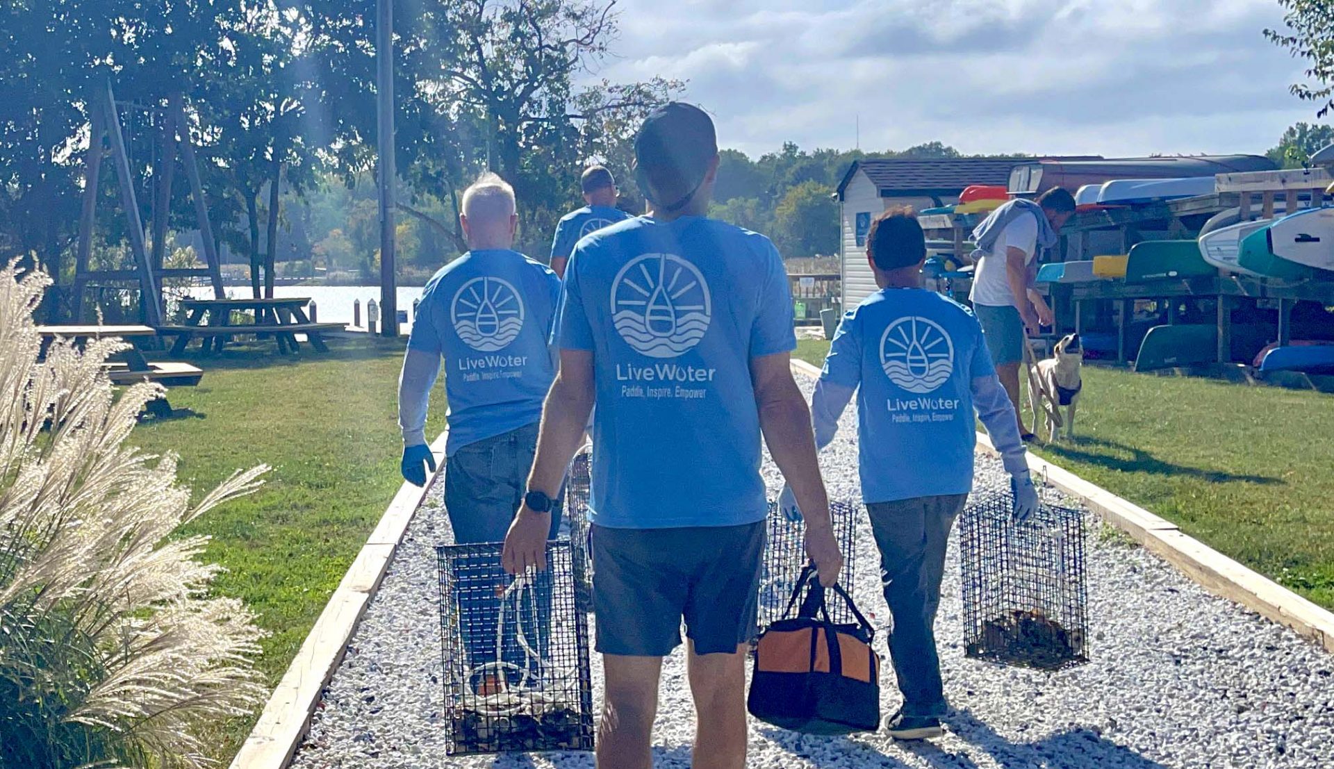 three people in blue livewater foundation t-shirts walk away down a gravel path toward the water carrying empty oyster cages.