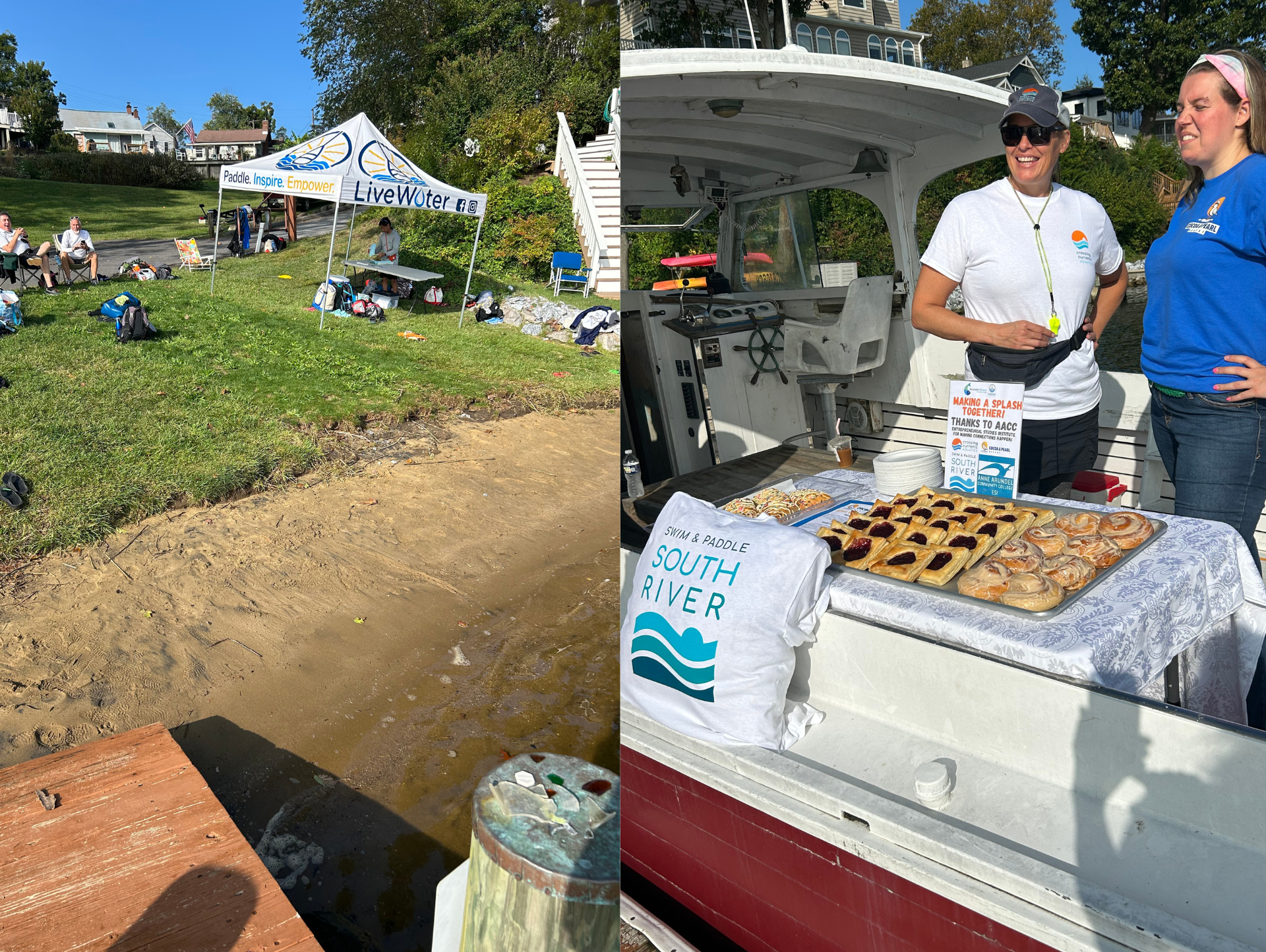 On the left, a tent by the beach displays the "live water foundation" logo. On the right, two women stand in front of pastries on a boat.