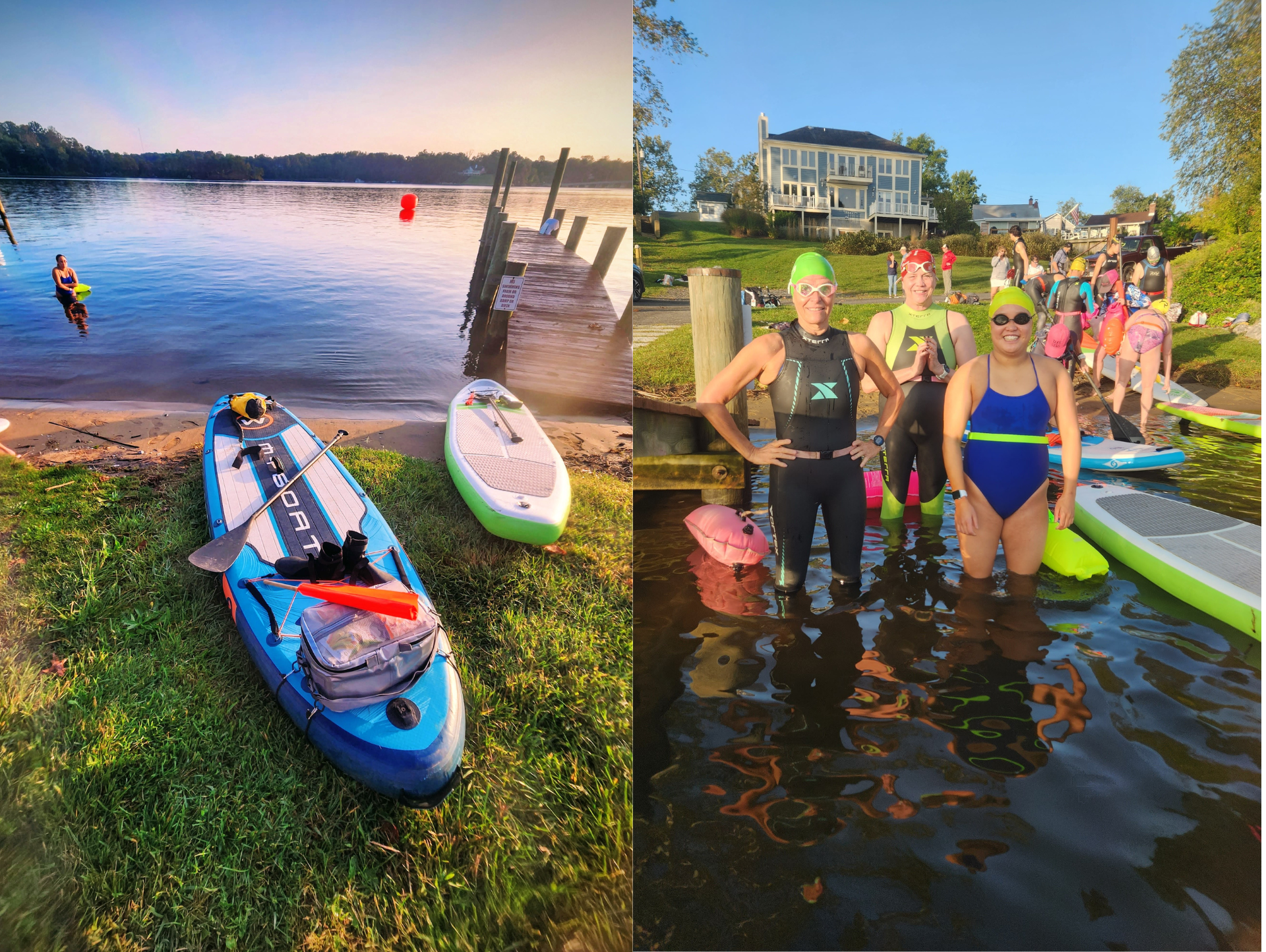 On the left, two paddle boards lay on the grass next to a dock. On the right, a group of swimmers prepare to enter the water.